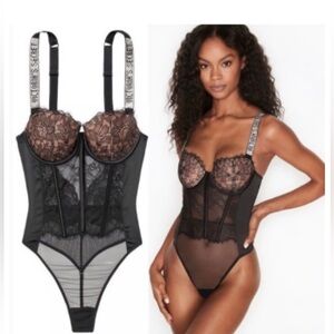 VICTORIA'S SECRET LIGHTLY LINED LOGO SHINE STRAP BUSTIER TEDDY BODYSUIT size XS
